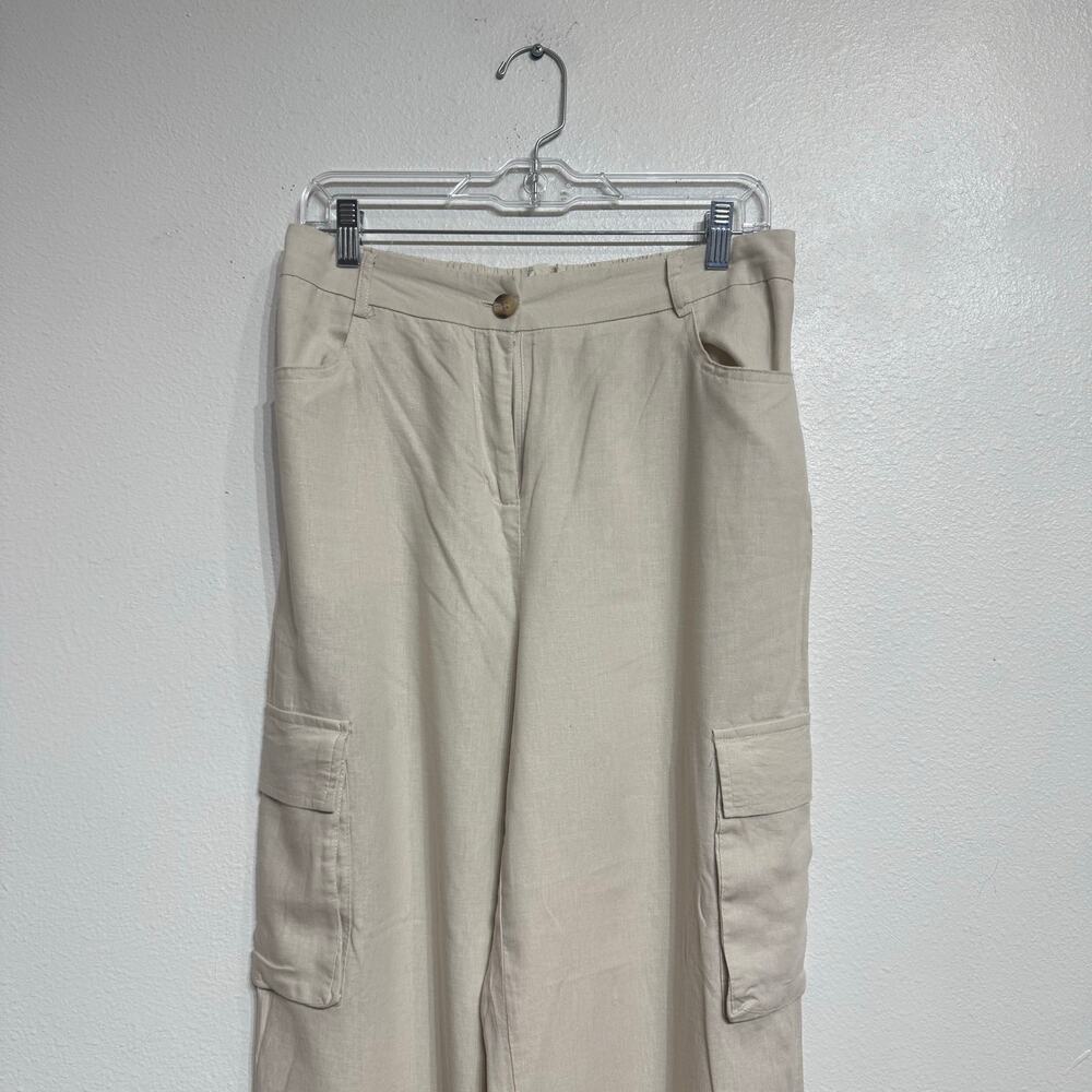 Happily Grey Cream Linen Blend Wide Leg Pants High Rise Flowy Sz L - Picture 3 of 10